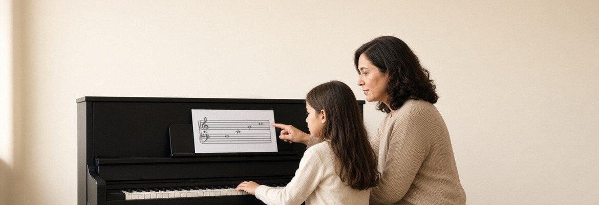 Piano teacher pointing to staff notes while a student sits at the keyboard