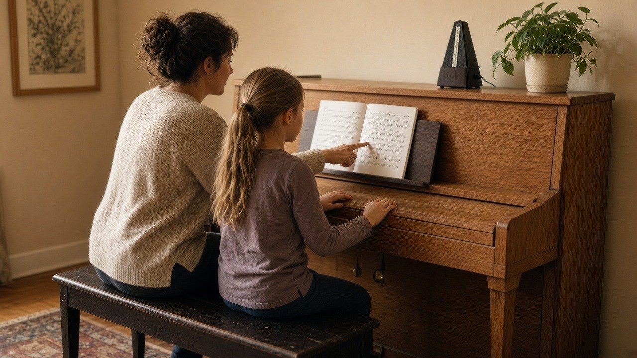 Piano teacher and young student working through a lesson book at an upright piano
