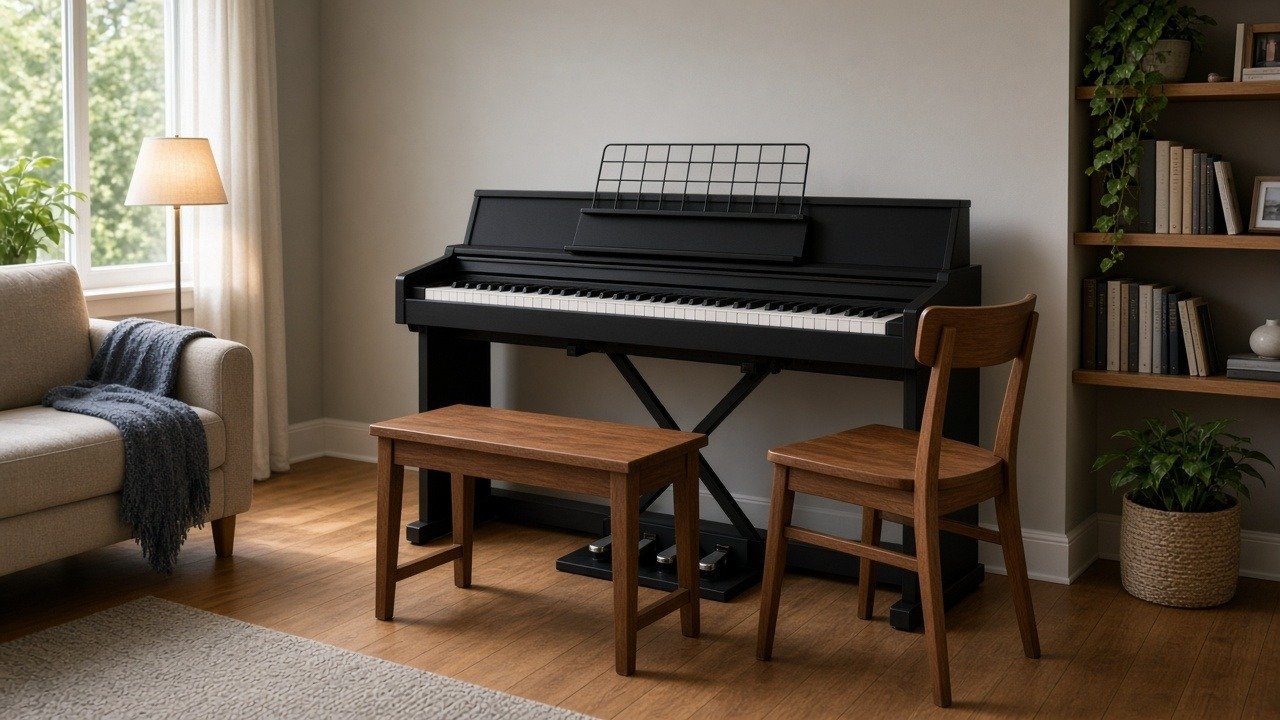 Home piano lesson setup with bench and digital piano
