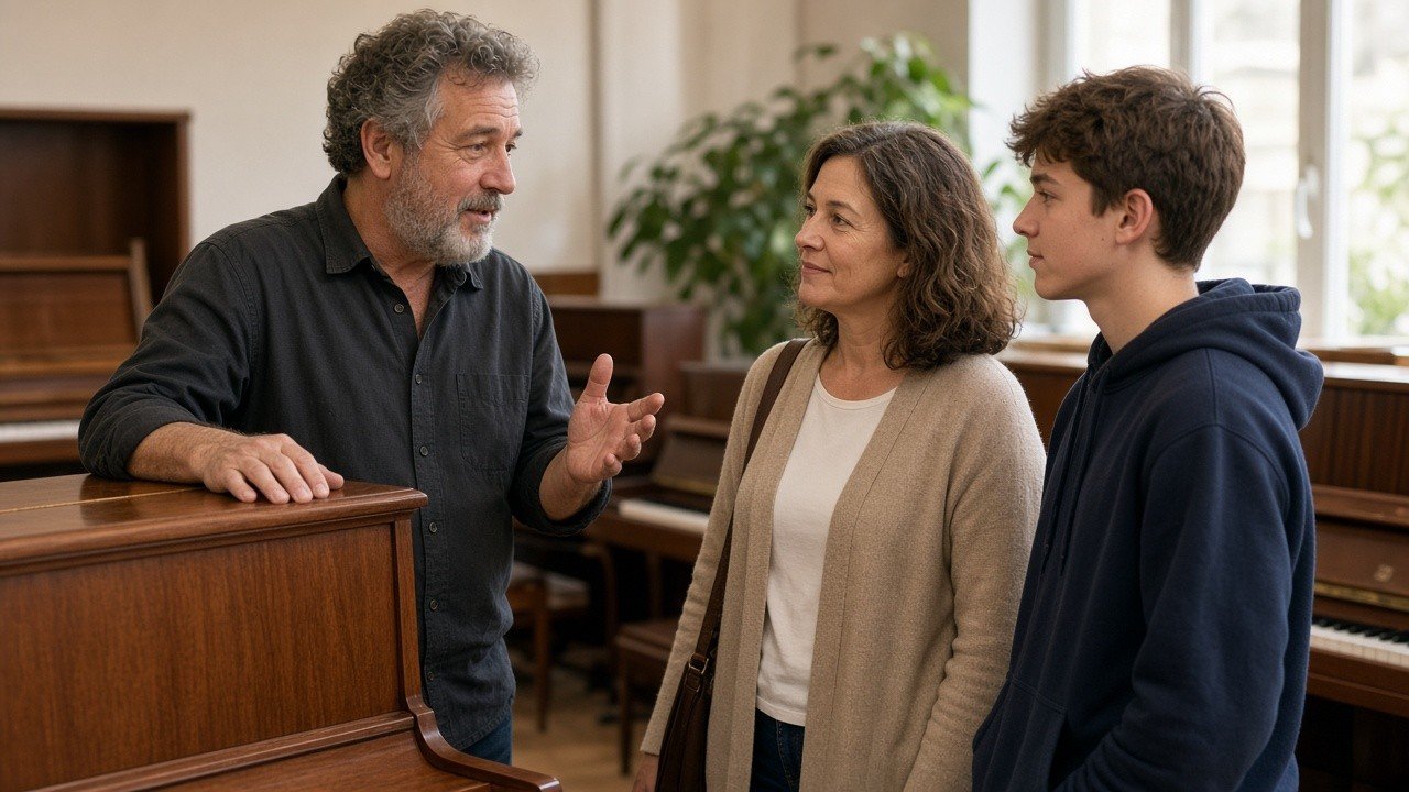 Family talking with a piano technician beside an upright piano before buying