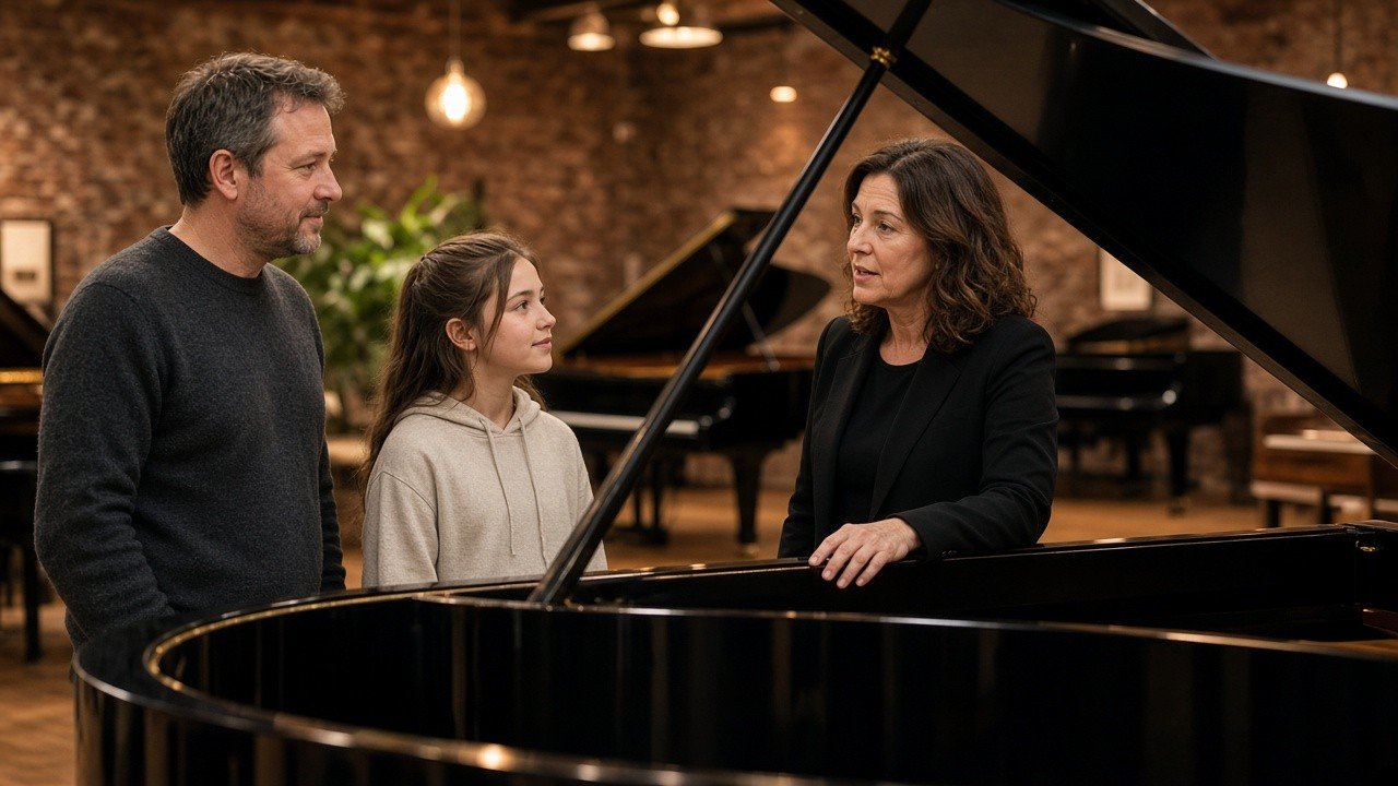Father and daughter talking with a piano specialist beside a grand piano