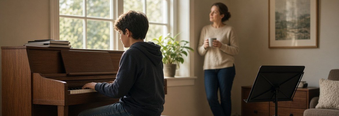 Student practicing at an upright piano at home while a parent looks on