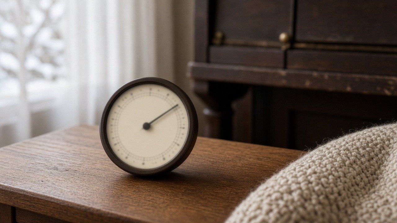 Small hygrometer on a side table beside an upright piano in a living room