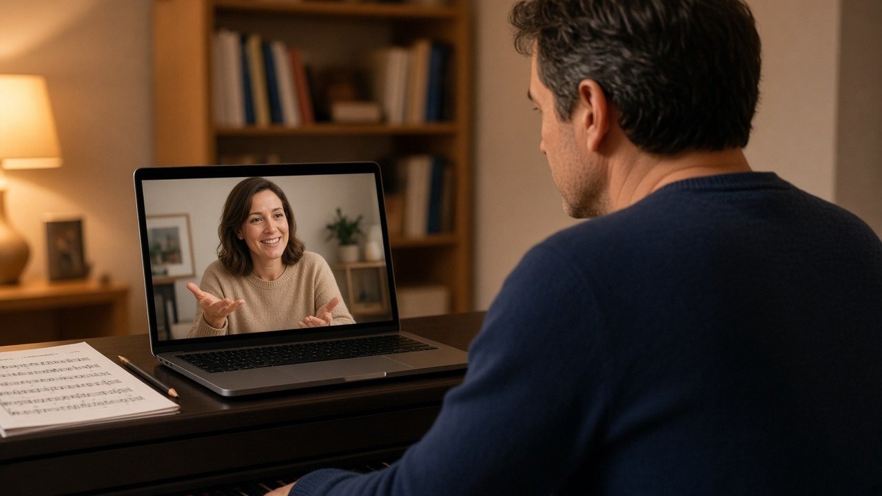 Adult beginner taking an online piano lesson with a teacher on a laptop