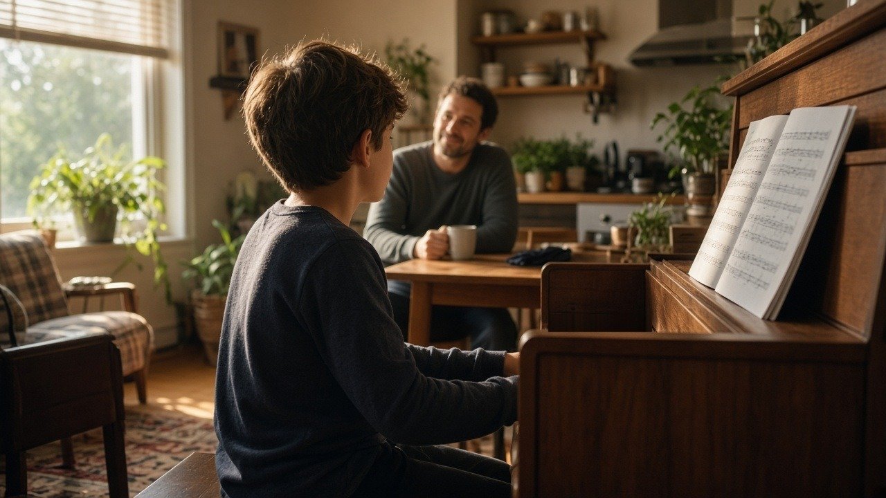 Older child practicing piano alone while a parent listens from the kitchen table