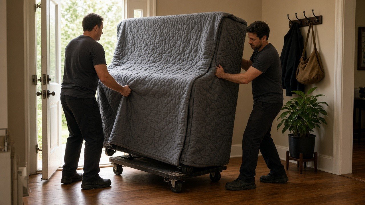 Movers wheeling a wrapped upright piano into a home