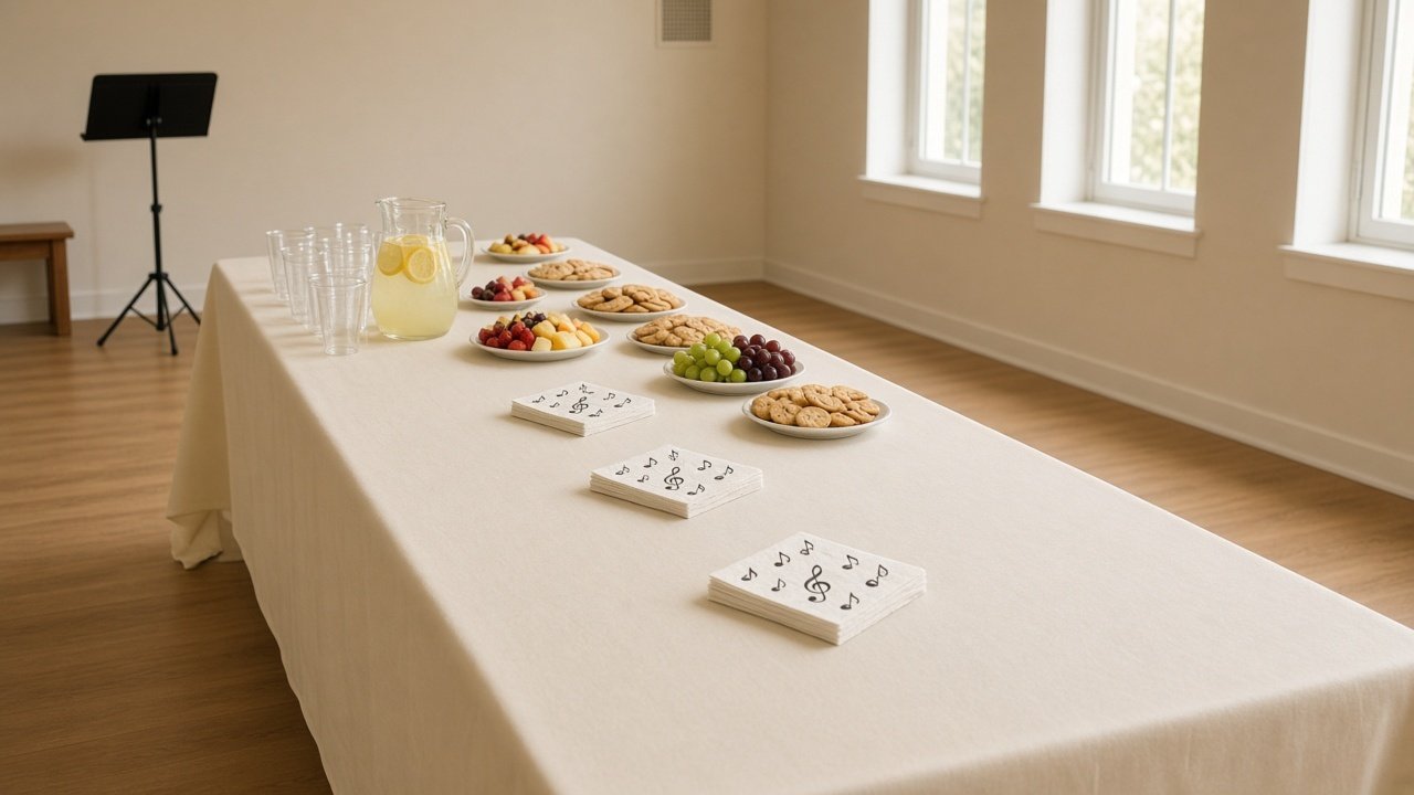 Recital reception table with cups at one end and several small napkin stacks
