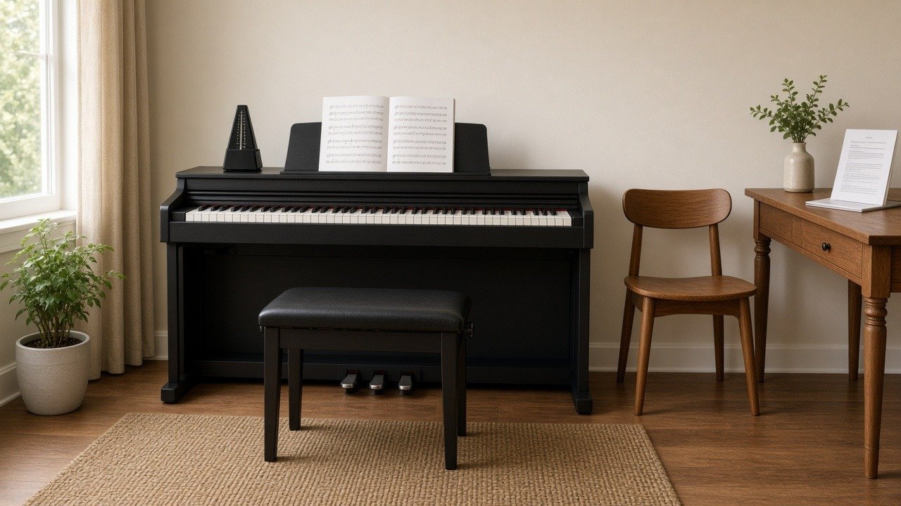 Organized home piano teaching corner with keyboard, bench, and lesson materials