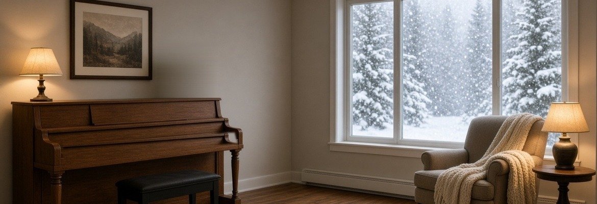 Upright piano on an inside wall, away from a snowy window and heater