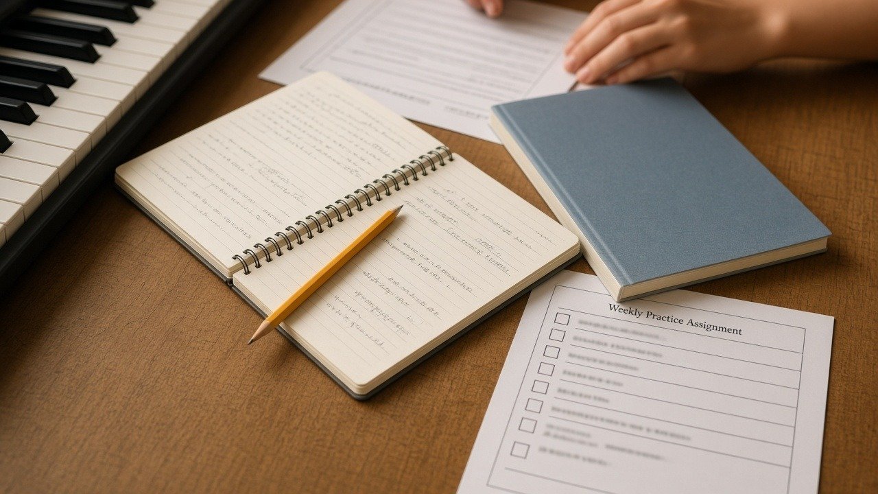 Piano teacher lesson notebook and practice assignment checklist beside a keyboard
