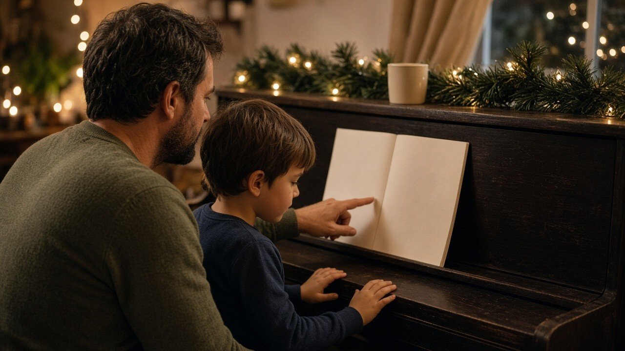 Parent pointing at the music as a young child gets ready to play a holiday carol at the piano